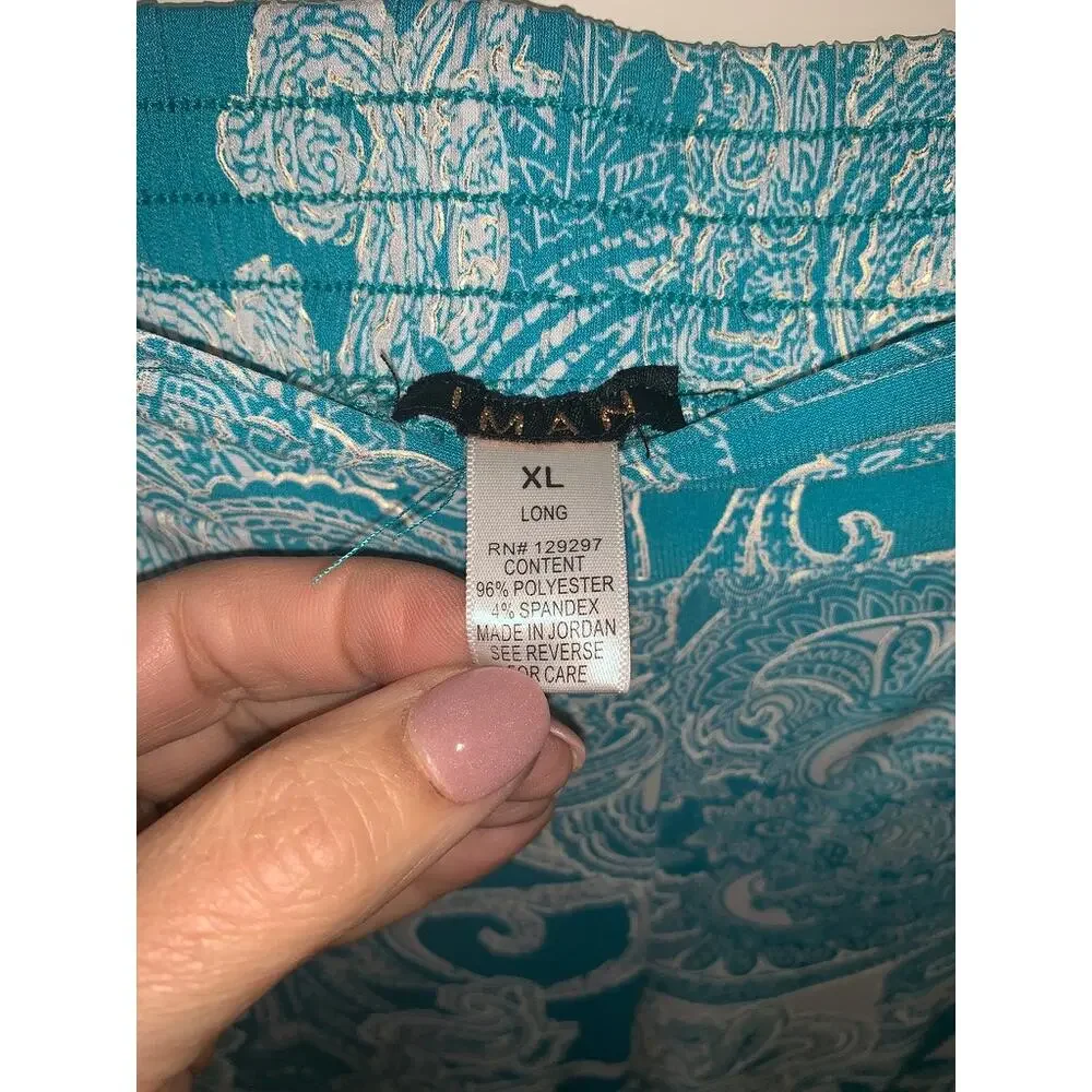 IMAN Women's XL Wide-Leg Paisley Pull-On Pants Blue Casual‎ Shimmer